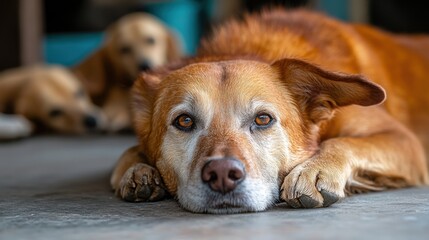 A senior dog in a shelter, resting while watching younger dogs play