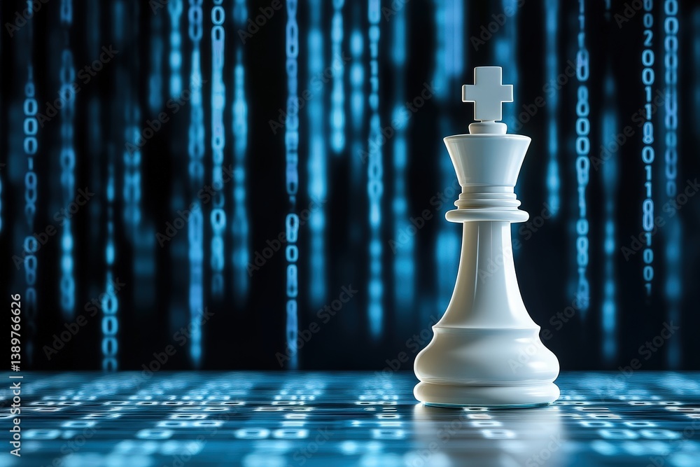 Poster white chess king against blue binary background with digital elements