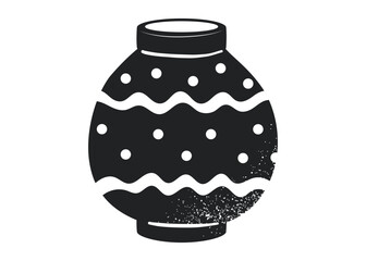 Black and white silhouette of African tribal pot with ethnic dotted and wavy patterns. Grunge textured vector isolated illustration of traditional ceramic pottery used in ancient cultures.