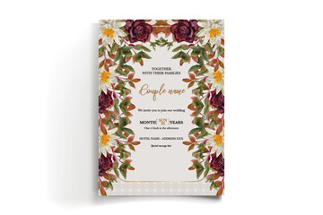 WEDDING INVITATION FRAME WITH FLOWER DECORATIONS AND FRESH LEAVES