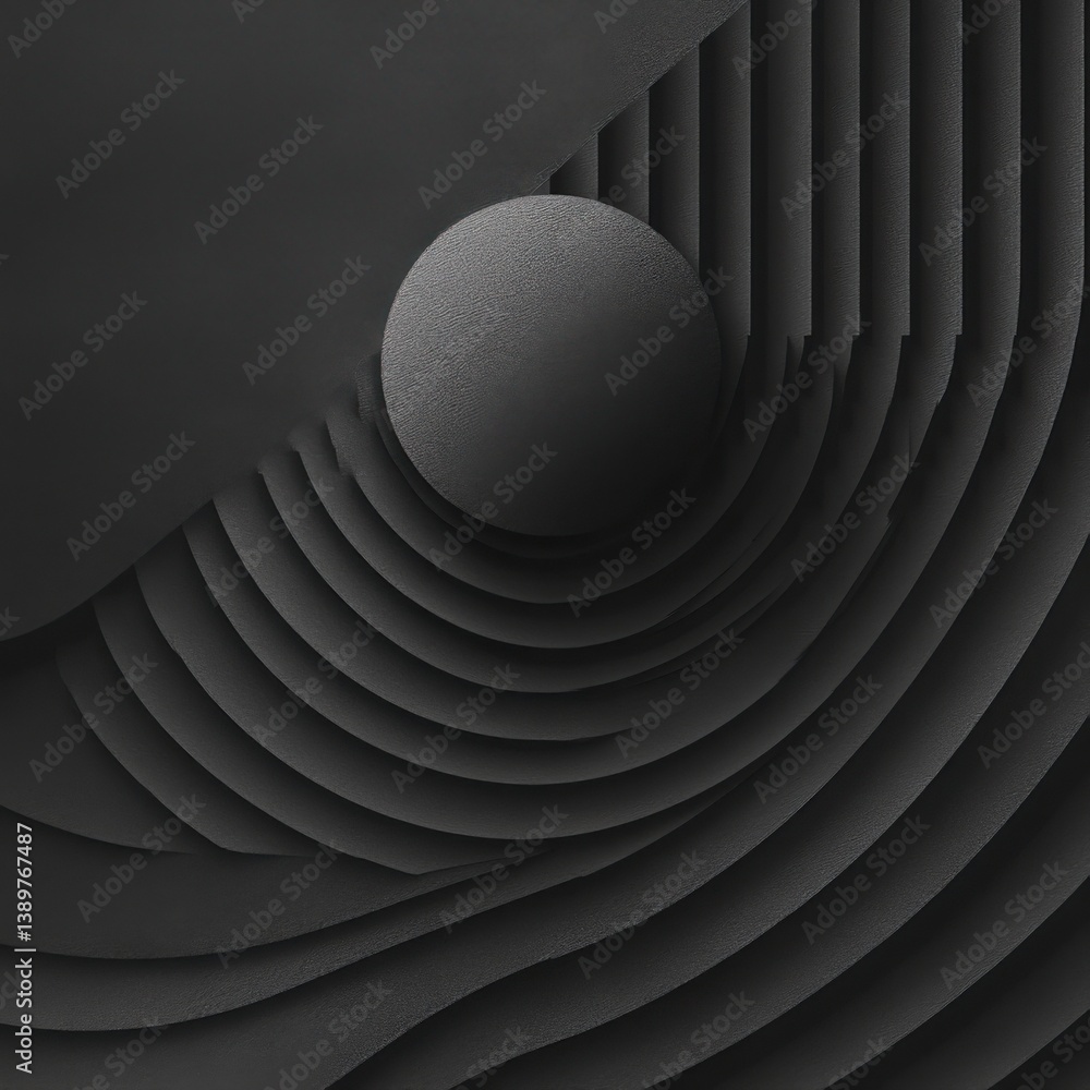 Poster sculptural abstract design featuring layered textures and a spherical element in a minimalist black 