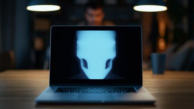 Dark poltergeist atmosphere with glowing laptop screen displaying menacing digital skull ghost at night