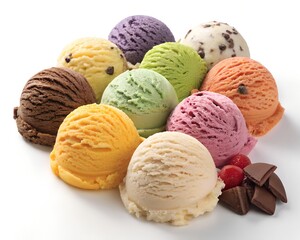 A colorful assortment of ice cream scoops with chocolate and cherries on a white background surface
