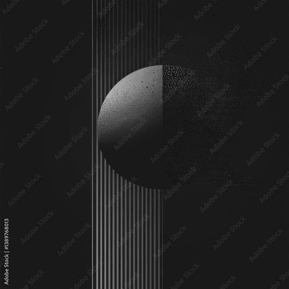 Poster abstract composition featuring circular form and textured vertical lines in a monochrome setting