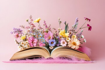 An open book is filled with beautiful colorful flowers