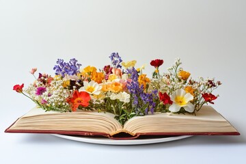 A collection of colorful flowers displayed atop an open book
