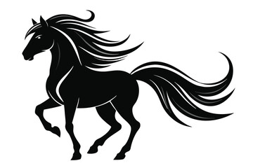Black silhouette of a running horse with a flowing mane and tail in a vector illustration style.