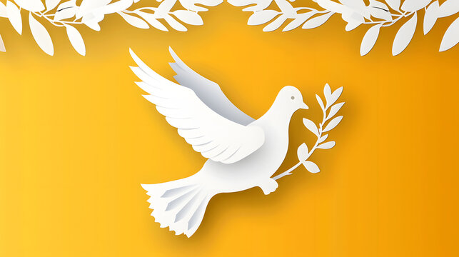 White Dove with Olive Branch in Paper Art Style on Yellow Background - White Paper Dove on Yellow Wall – Modern Christian Symbol