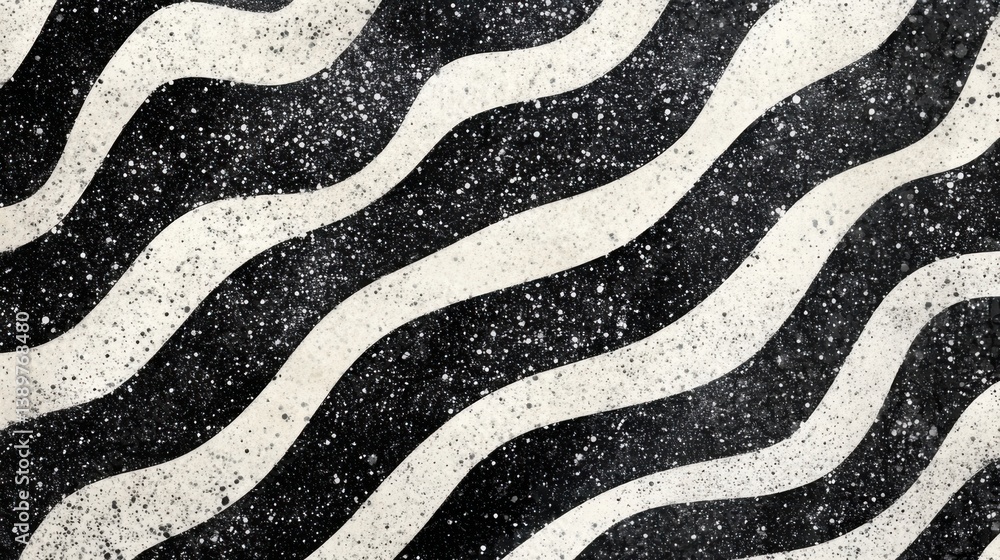 Poster unique black and white wavy pattern with textured speckles creating a striking visual effect