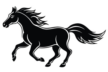 Black silhouette of a running horse with a flowing mane and tail in a vector illustration style.