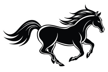 Black silhouette of a running horse with a flowing mane and tail in a vector illustration style.