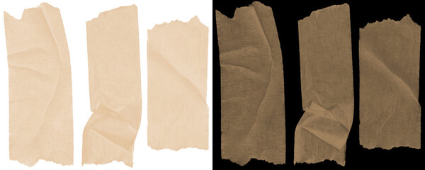 Wrinkled paper masking tape strips in natural tones, ideal for giving notes, messages, or planner pages a realistic taped look. Isolated on a Transparent or White Background