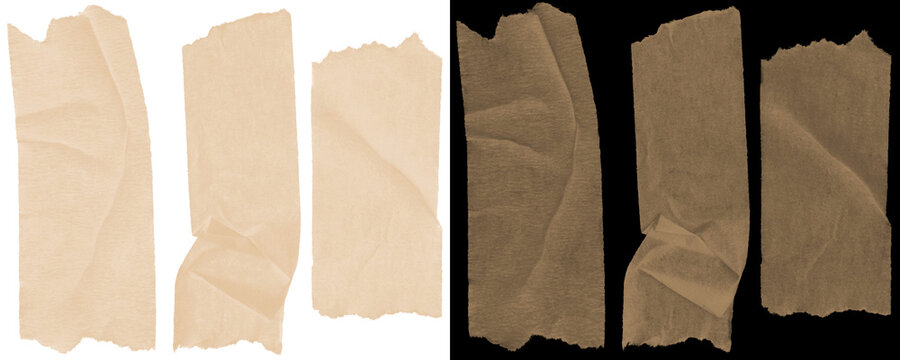 Wrinkled paper masking tape strips in natural tones, ideal for giving notes, messages, or planner pages a realistic taped look. Isolated on a Transparent or White Background