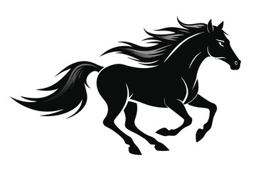 Black silhouette of a running horse with a flowing mane and tail in a vector illustration style.