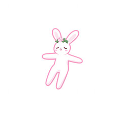 Cute and playful bunny character with a flower crown, inviting a joyful atmosphere, perfect for Easter or children's themes, isolated on a white background.