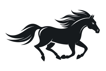 Black silhouette of a running horse with a flowing mane and tail in a vector illustration style.