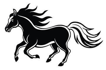 Black silhouette of a running horse with a flowing mane and tail in a vector illustration style.