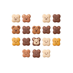 Obraz premium Cute bear-shaped cookies in various chocolate shades arranged in a heart pattern. Ideal for dessert lovers and sweet treats enthusiasts.
