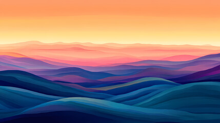 Majestic rolling hills gently dissolving into the boundless horizon at a breathtaking golden hour sunset creating a serene and picturesque pastoral landscape scene. Dissolving Horizon. Illustration