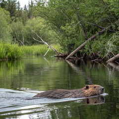 Beaver Swimming in River