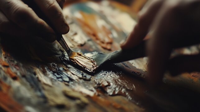 Artistic process: Close-up of blending paint with brushes on a palette
