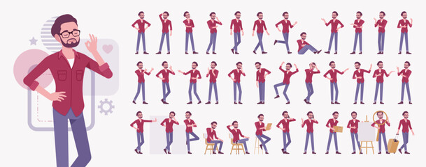 Handsome modern businessman character set, busy office workday life poses bundle. Business man, active male day routine at workspace, corporate company lifestyle. Vector illustration