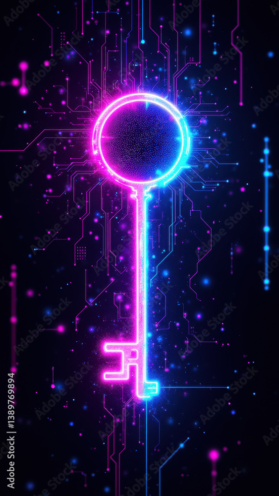 Poster cybersecurity digital art graphic with key unlocking futuristic network.