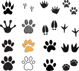 A collection of animal paw and footprint illustrations in various styles and colors.
