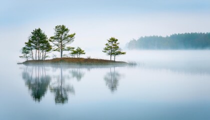 Obraz premium Serene misty island landscape with reflections on calm lake water 