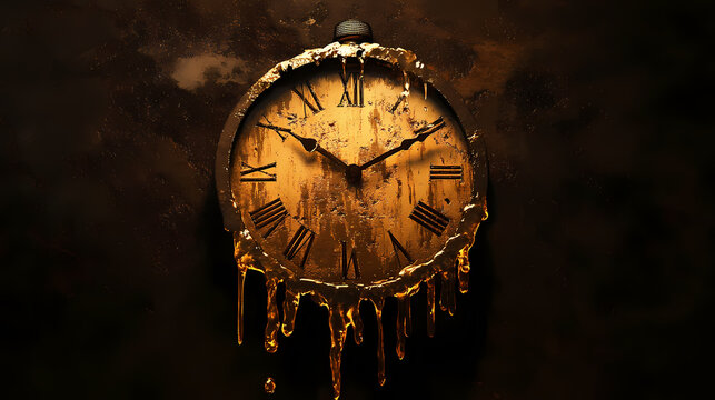 Melting clock with liquid dripping down, dark surreal scene. time slipping away, concept of transience, decay, and passing time. Times Ruin. Illustration