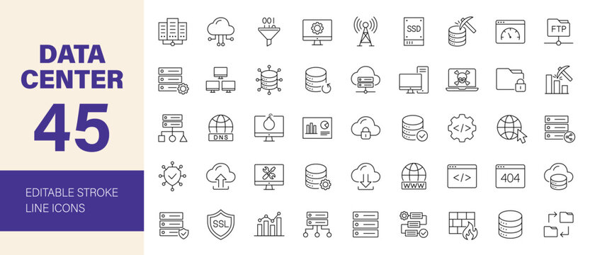 Data center icon set. Containing data analytics, security, server, hosting, computer, internet, cloud computing, technology, big data, database and more. Editable line icons. Vector illustration.