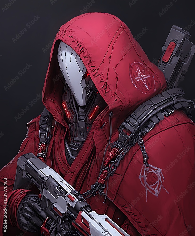 Poster a robotic figure in red attire with a weapon holds position