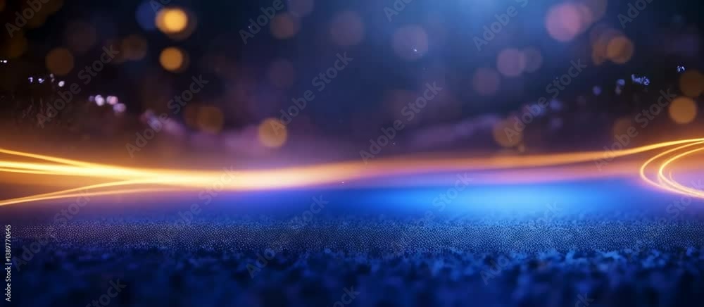 Poster dynamic light trails across glowing surface with vibrant bokeh and sparkling effects