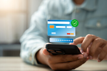 Online payment and financial transaction, E-Commerce, Man present virtual credit card payment for bbusiness and shopping, Secure online shopping and digital finance solutions.