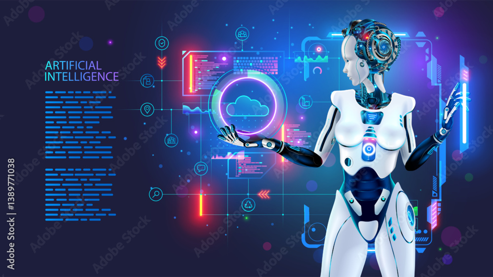 Fototapete AI management work robots on factory. Humanoid robot with artificial intelligence or AI synchronization cloud data on factory or manufacturer. Industry 4.0. AI technology, cloud computing. Concept.