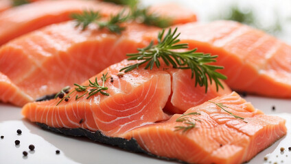 A Close-Up of Salmon Slices on a White Background, Highlighting Their Freshness and Quality