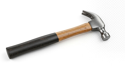 A trusty claw hammer, ready for action, with its worn wooden handle and gleaming steel head against a stark white background.