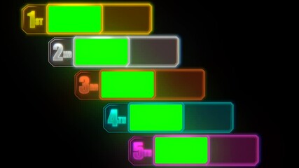 Leaderboard template showing top five ranks with color-coded frames and greenscreen placeholders