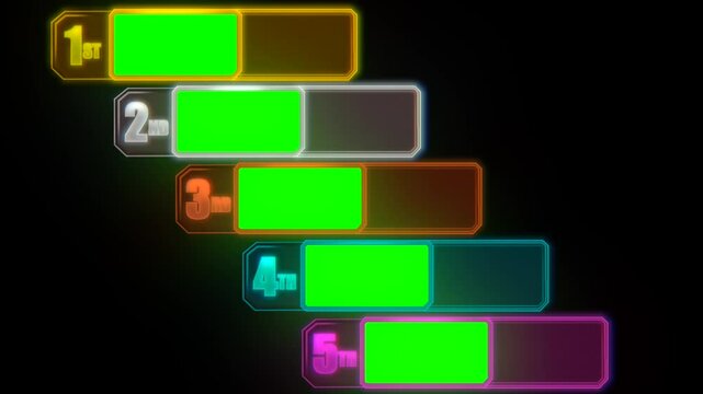 Leaderboard template showing top five ranks with color-coded frames and greenscreen placeholders