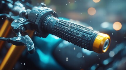 Close-up motorcycle handlebars, wet and textured