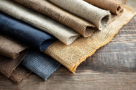 A bunch of different colored fabrics are stacked on top of each other. The colors include blue, tan, and brown. The arrangement of the fabrics creates a sense of depth and texture
