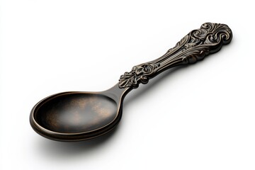 Ornate bronze spoon antique detail elegant serving spoon dark patina finish isolated on white