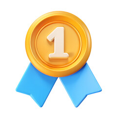 Golden medal with blue ribbon. First place gold award. 3d isolated icon on white background. Cartoon plastic style