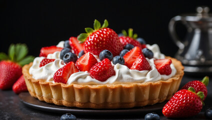 A Delicious Strawberry Tart Topped with Whipped Cream, Perfect for Dessert Lovers