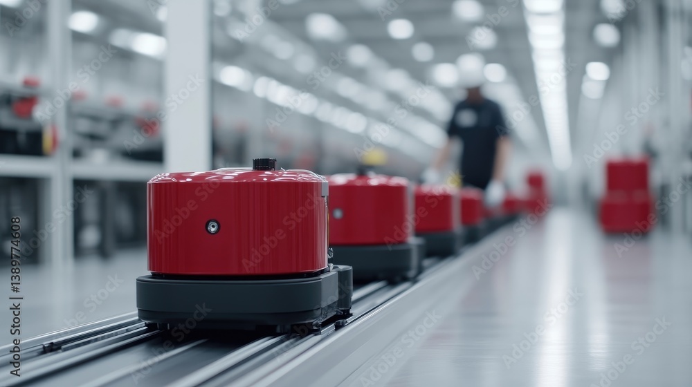 Poster automated production line with red robots. factory conveyor belt carrying robotic units. modern manu