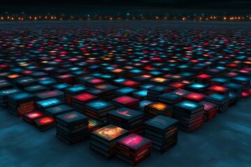 Almacén lleno de cajas iluminadas en una noche oscura