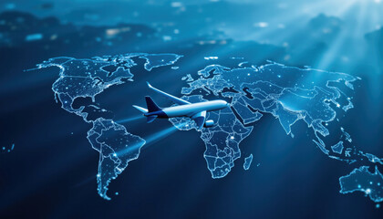 Aerial view of airplane flying over digital world map, showcasing global connectivity and travel. scene evokes sense of adventure and exploration