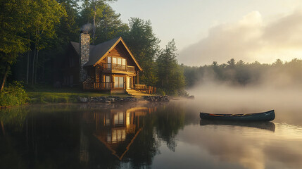 Obraz premium Cozy lakehouse with canoe and misty sunrise reflection. Tranquil and serene