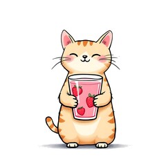 Adorable Orange Tabby Cat Enjoying Strawberry Smoothie Mascot Design