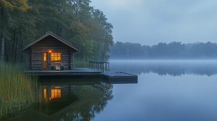 Obraz premium serene lakeside wooden house with misty water reflections